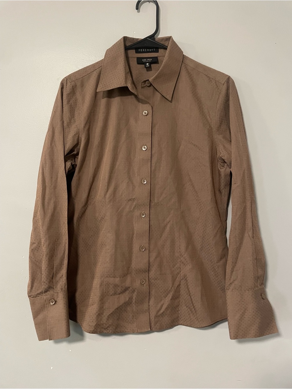Foxcroft Brown Polka Dot Non-Iron Fitted Fit 100% Cotton Button Down Size 4